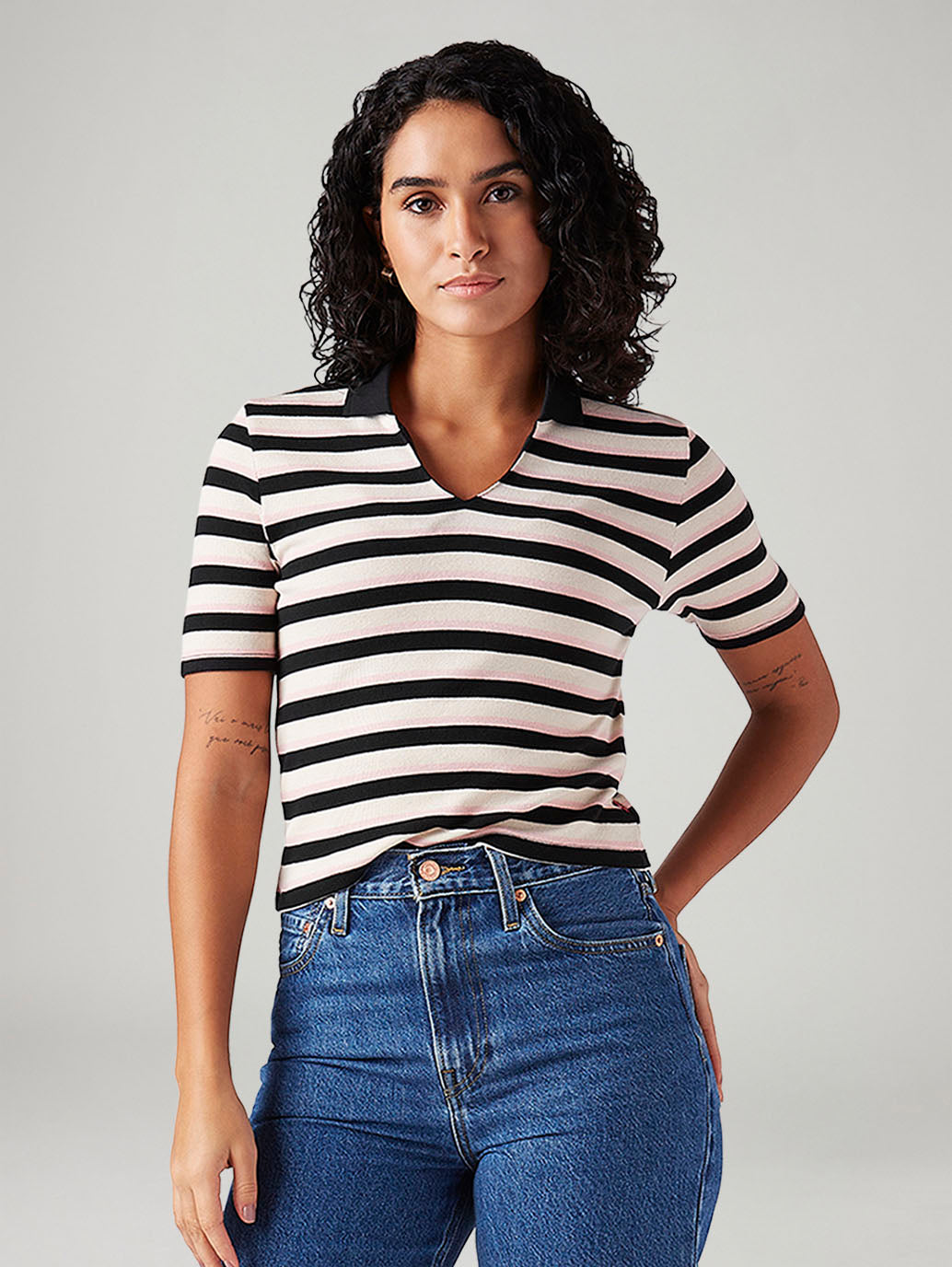 Women's Striped White Slim Fit Polo T-shirt - Styleshot View