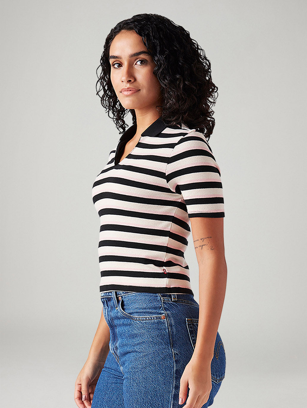 Women's Striped White Slim Fit Polo T-shirt - Side View