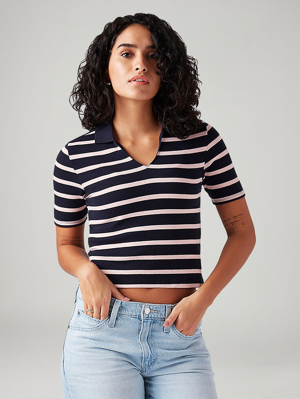 Women's Striped Navy Slim Fit Polo T-shirt - Styleshot View