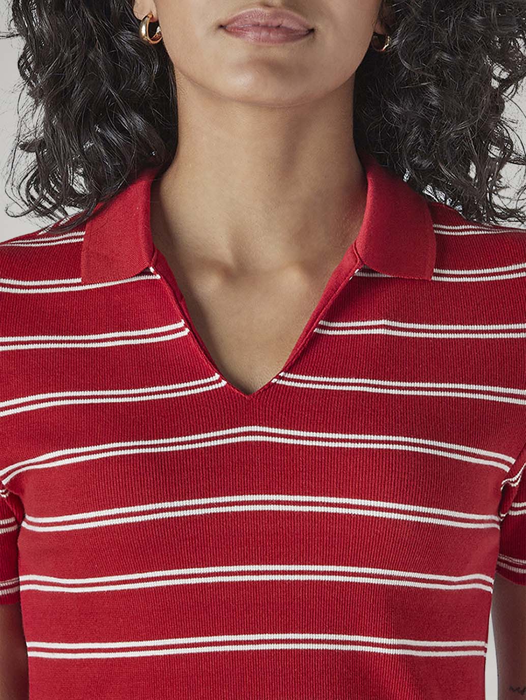 Women's Striped Red Slim Fit Ribbed Polo T-shirt - 20 View