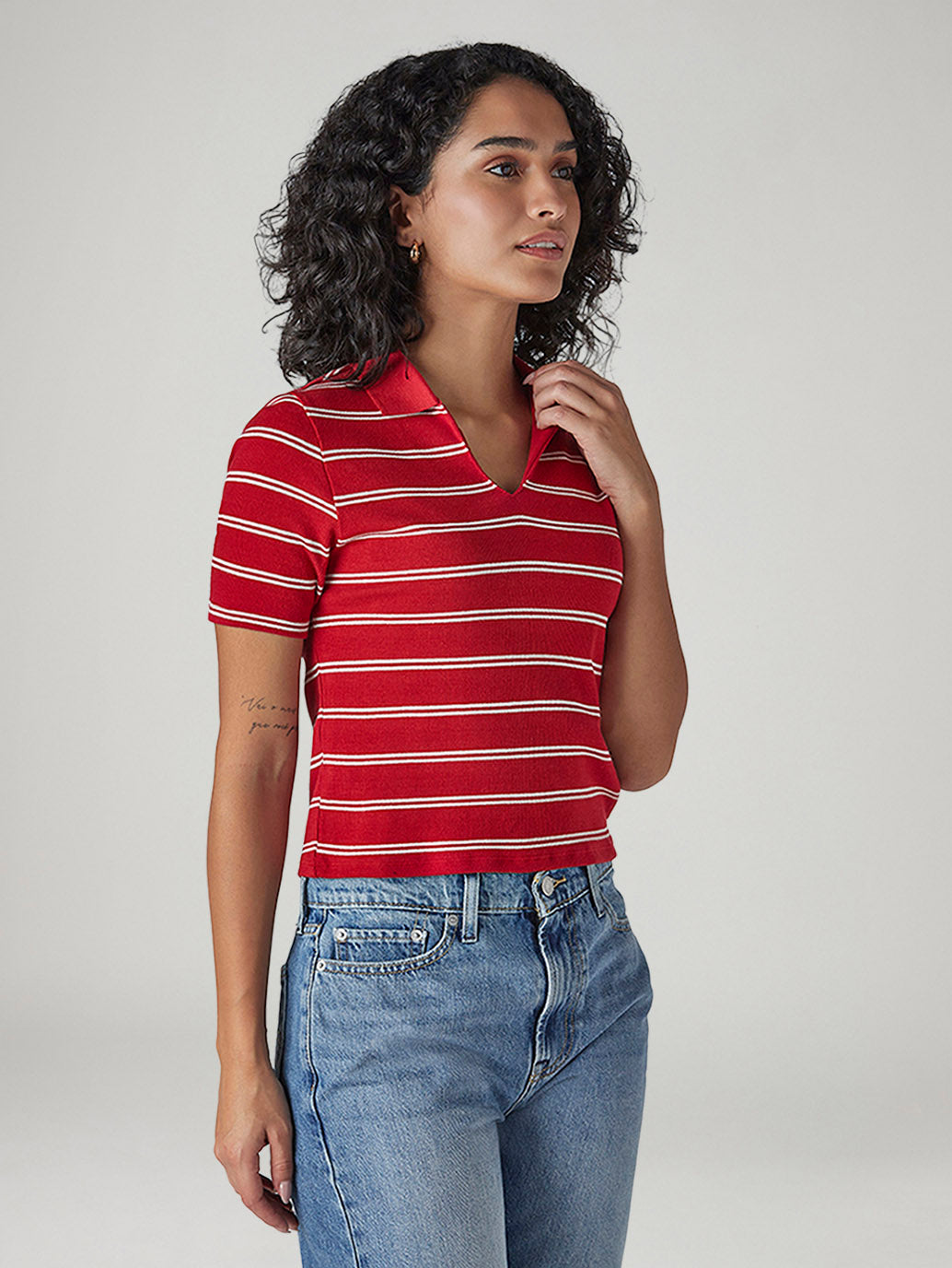 Women's Striped Red Slim Fit Ribbed Polo T-shirt - Side View