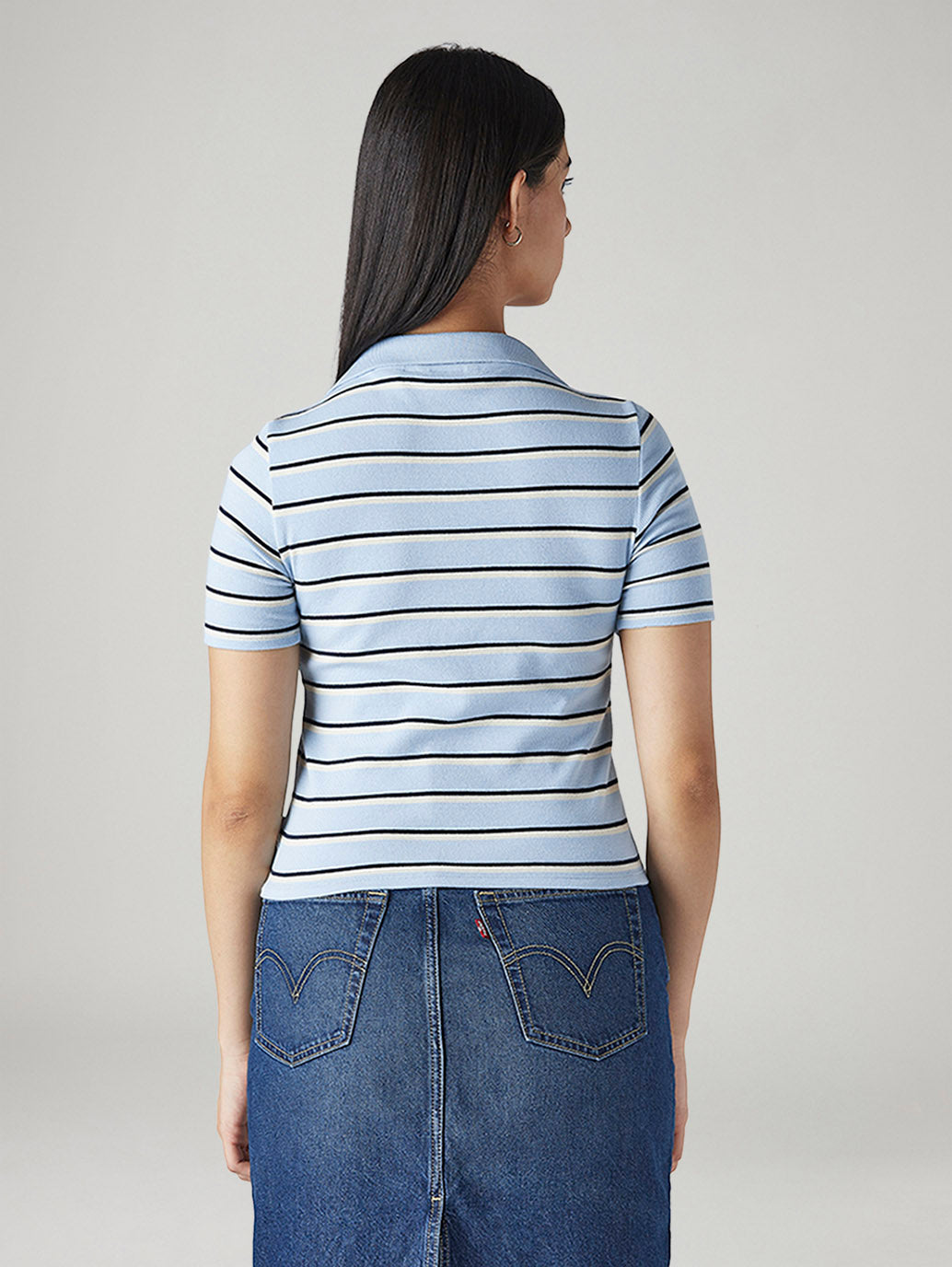 Women's Striped Light Blue Slim Fit Ribbed Polo T-shirt - Back View