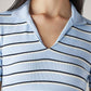 Women's Striped Light Blue Slim Fit Ribbed Polo T-shirt - Detail View
