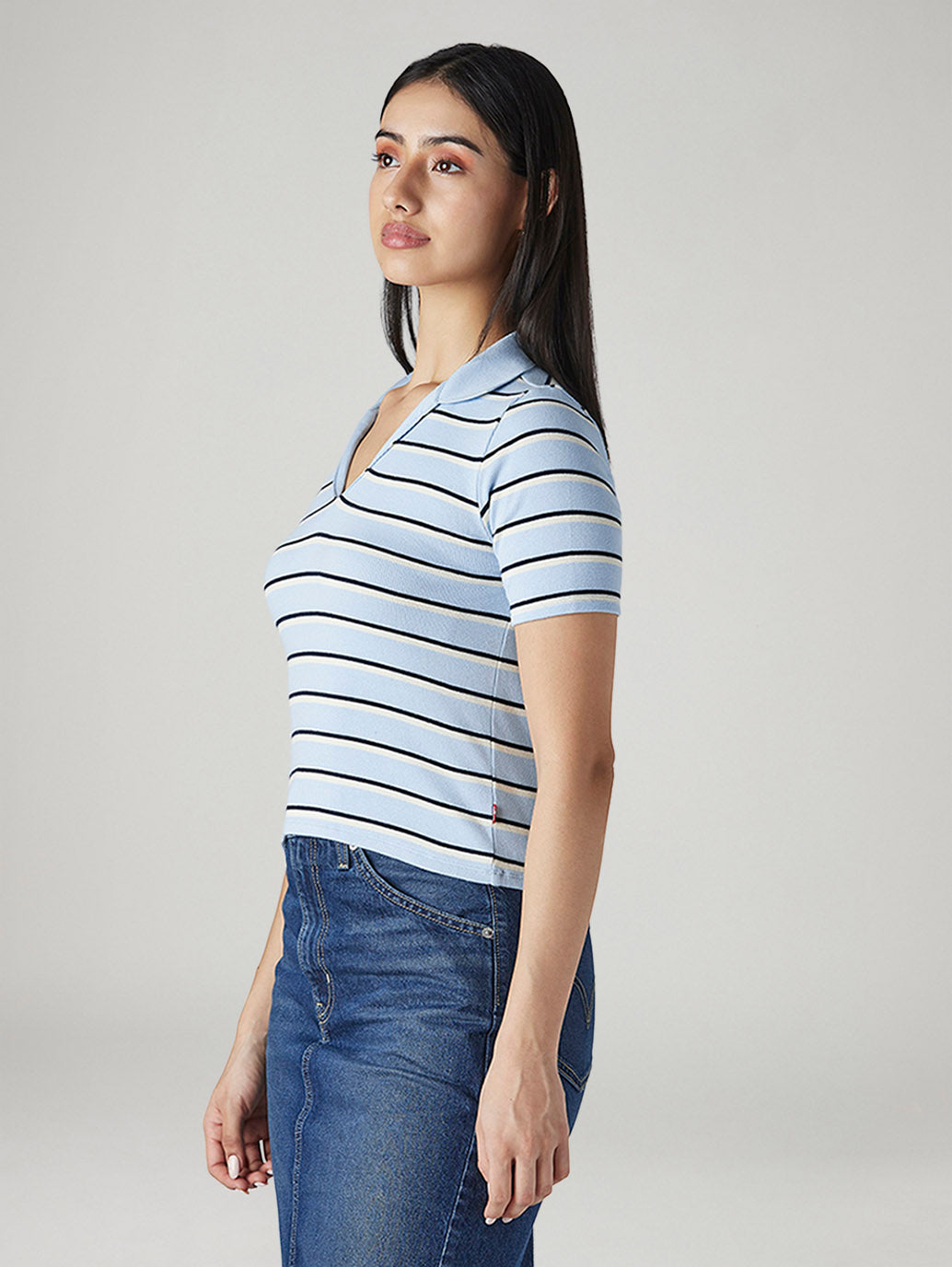 Women's Striped Light Blue Slim Fit Ribbed Polo T-shirt - Side View