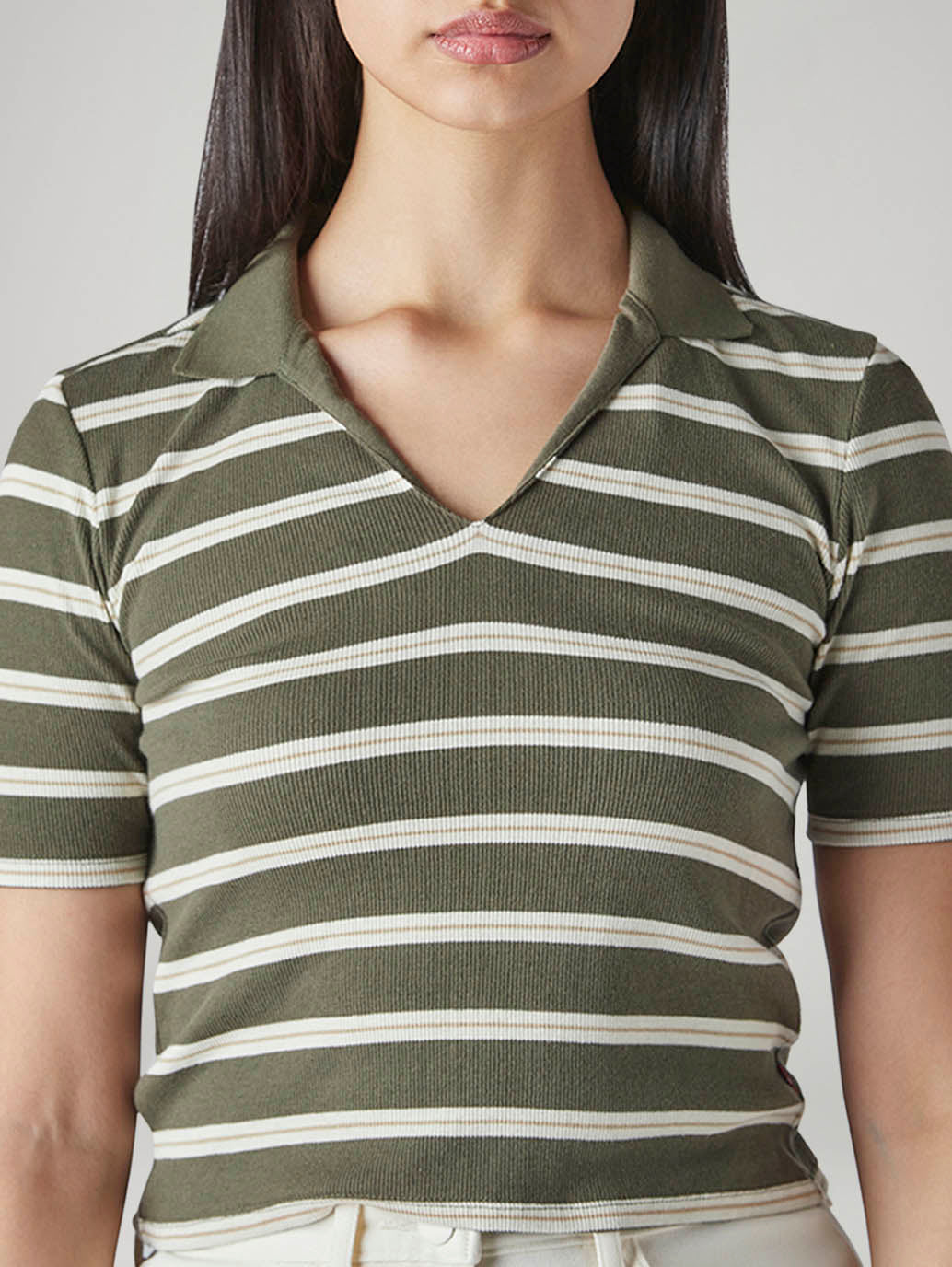 Women's Striped Olive Slim Fit Ribbed Polo T-shirt - Detail View