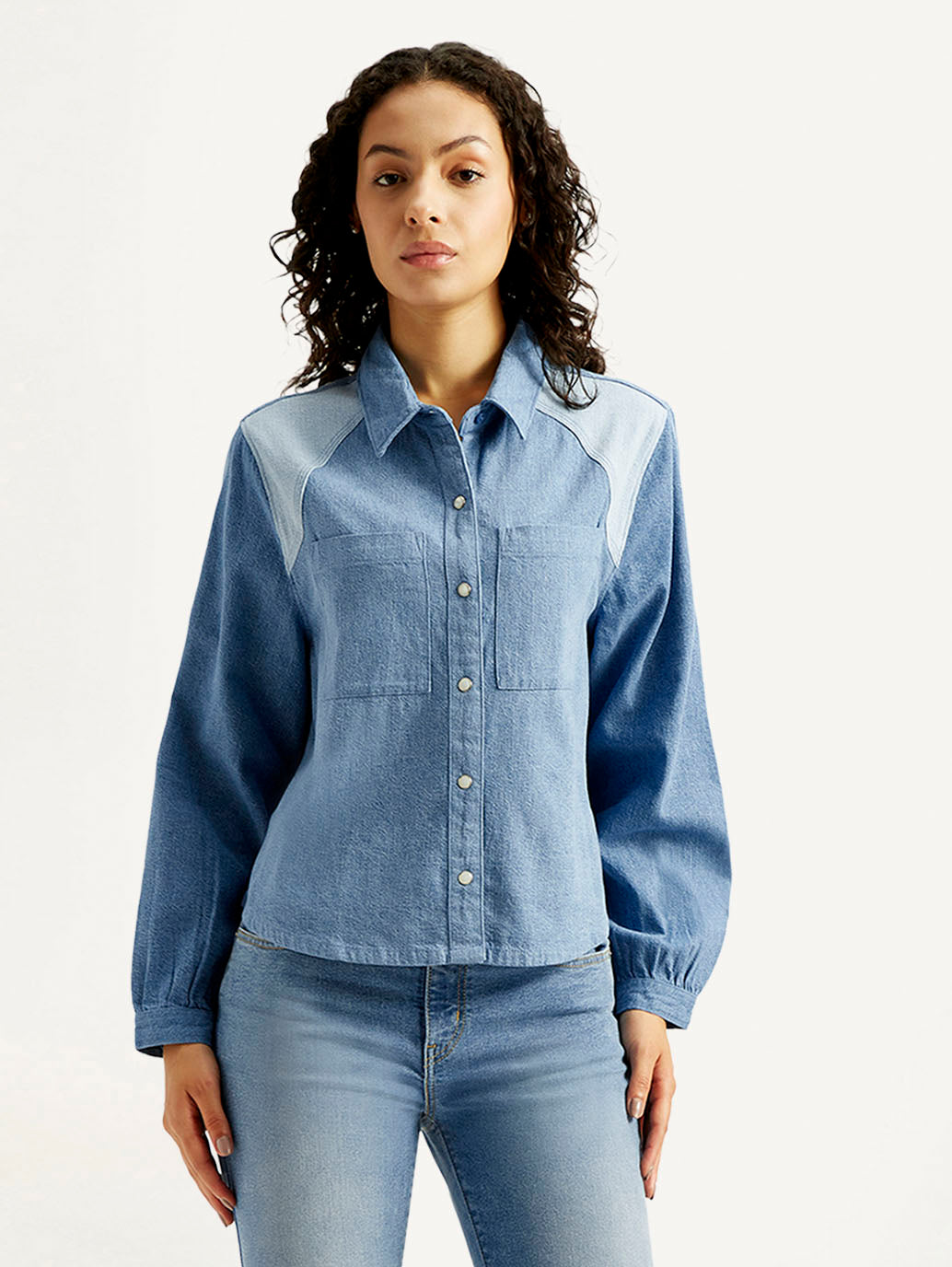 Women's Solid Relaxed Fit Denim Shirt - Front View