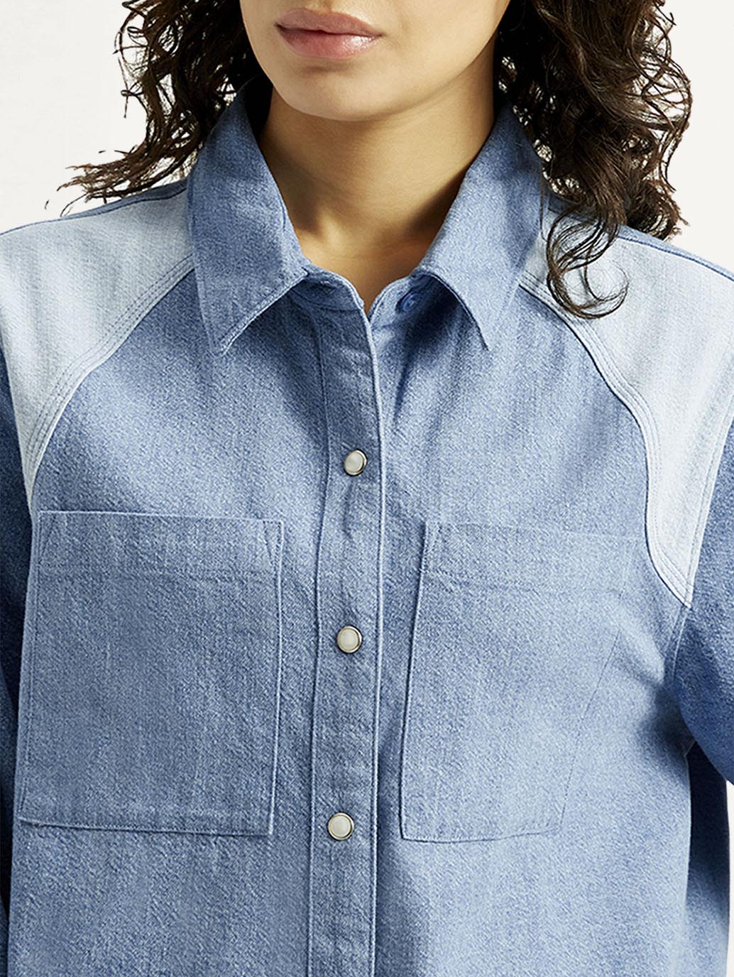 Women's Solid Relaxed Fit Denim Shirt - Detail View
