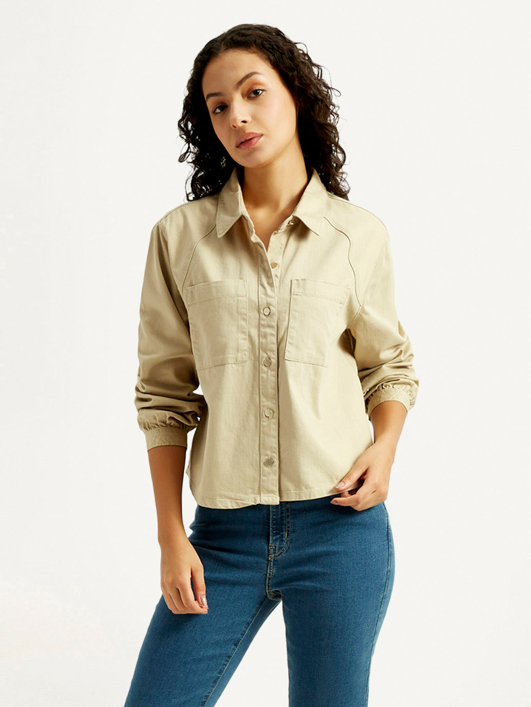 Women's Solid Spread Collar Denim Shirt - Styleshot View