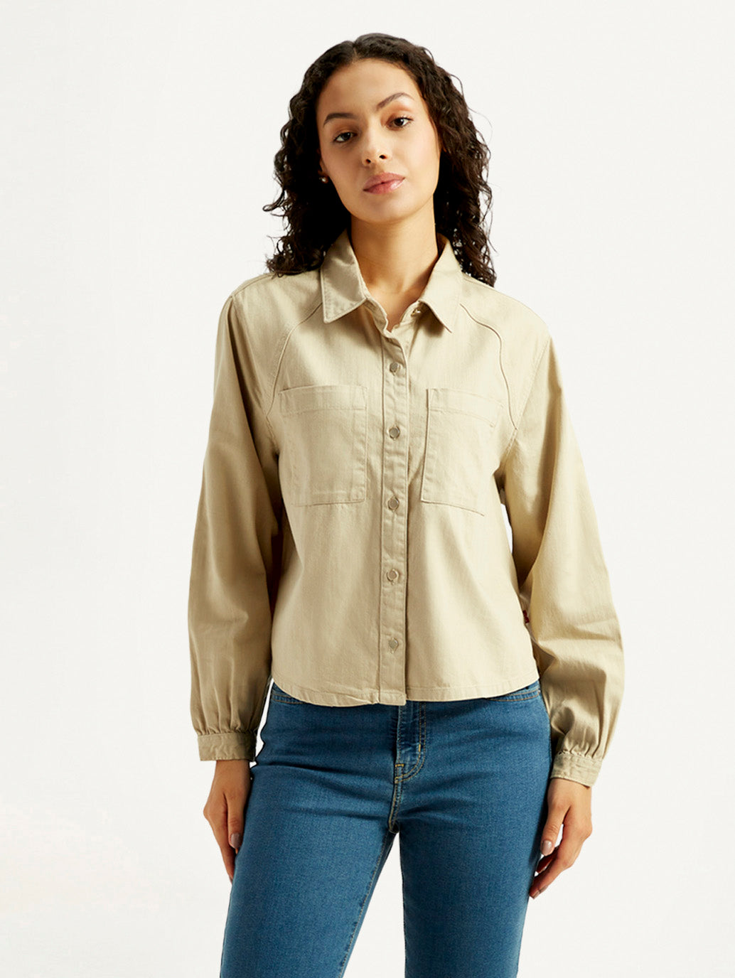 Women's Solid Spread Collar Denim Shirt - Front View