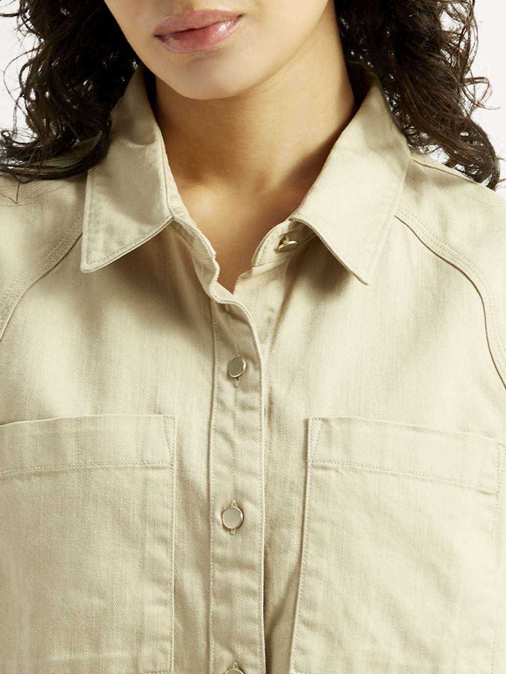 Women's Solid Spread Collar Denim Shirt - Detail View
