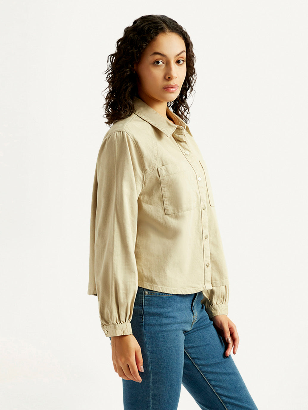 Women's Solid Spread Collar Denim Shirt - Side View