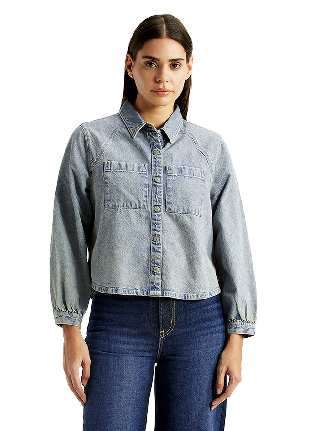 Women's Solid Light Blue Relaxed Fit Denim Shirt - Front View