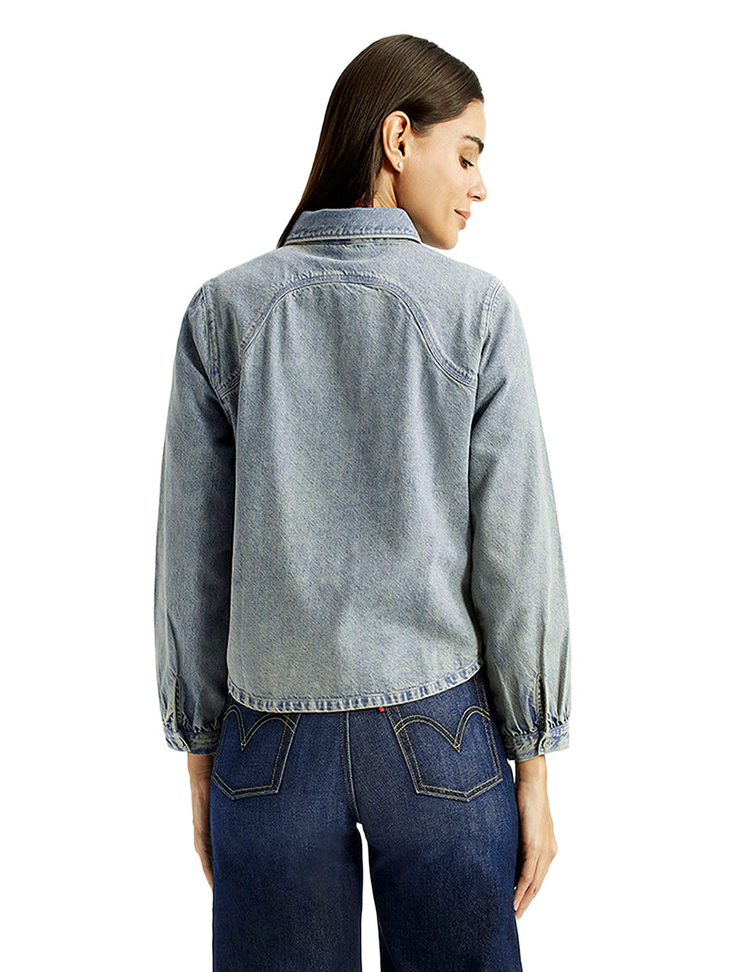 Women's Solid Light Blue Relaxed Fit Denim Shirt - Back View