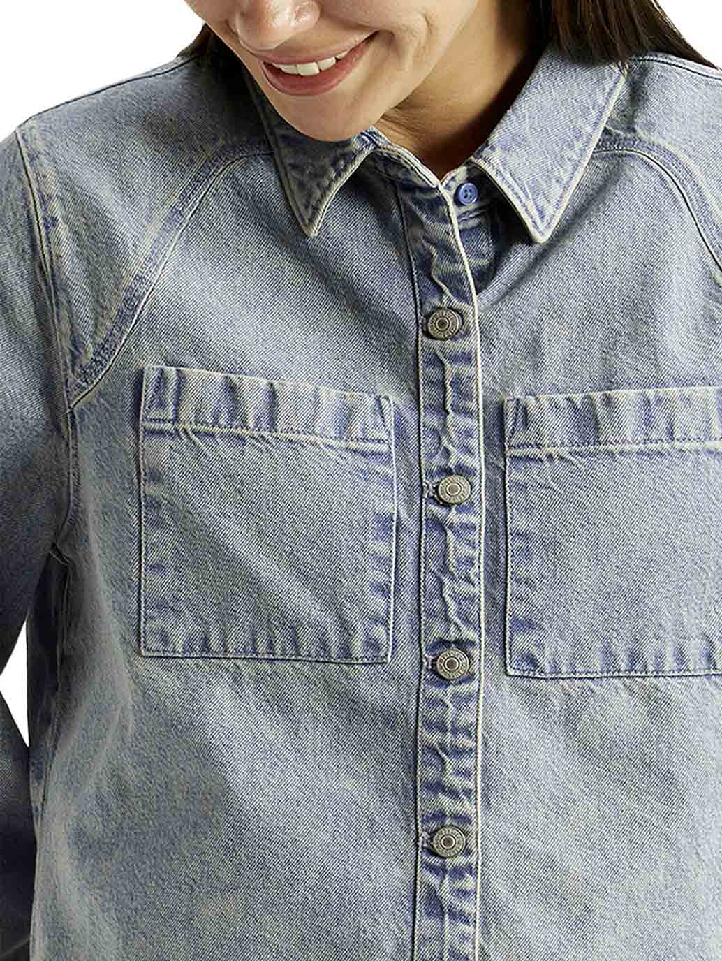 Women's Solid Light Blue Relaxed Fit Denim Shirt - Detail View