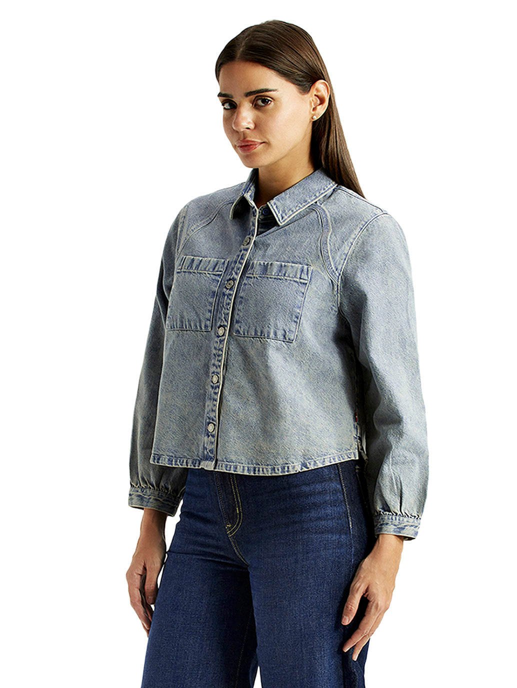 Women's Solid Light Blue Relaxed Fit Denim Shirt - Side View