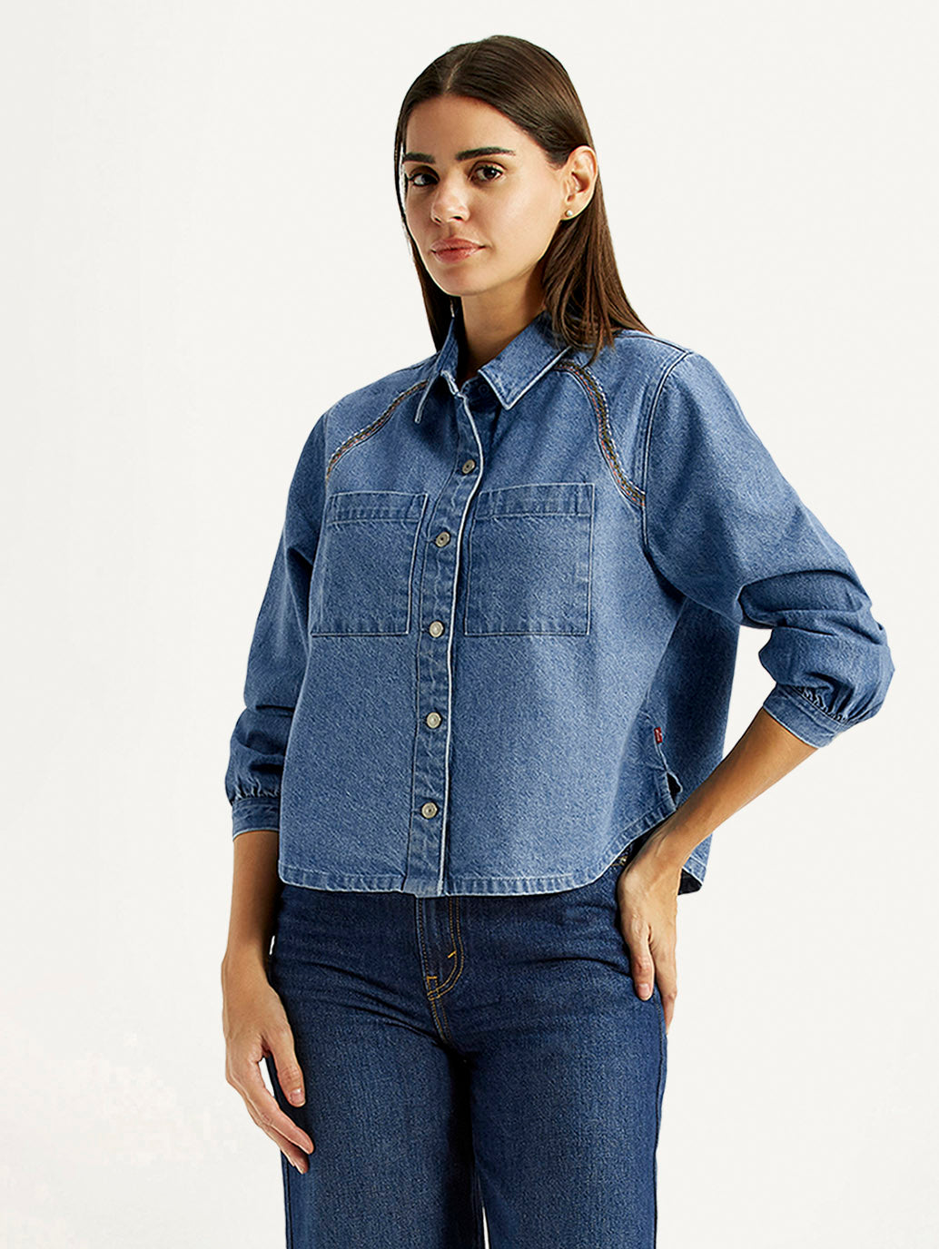 Women's Solid Blue Spread Collar Relaxed Fit Shirt