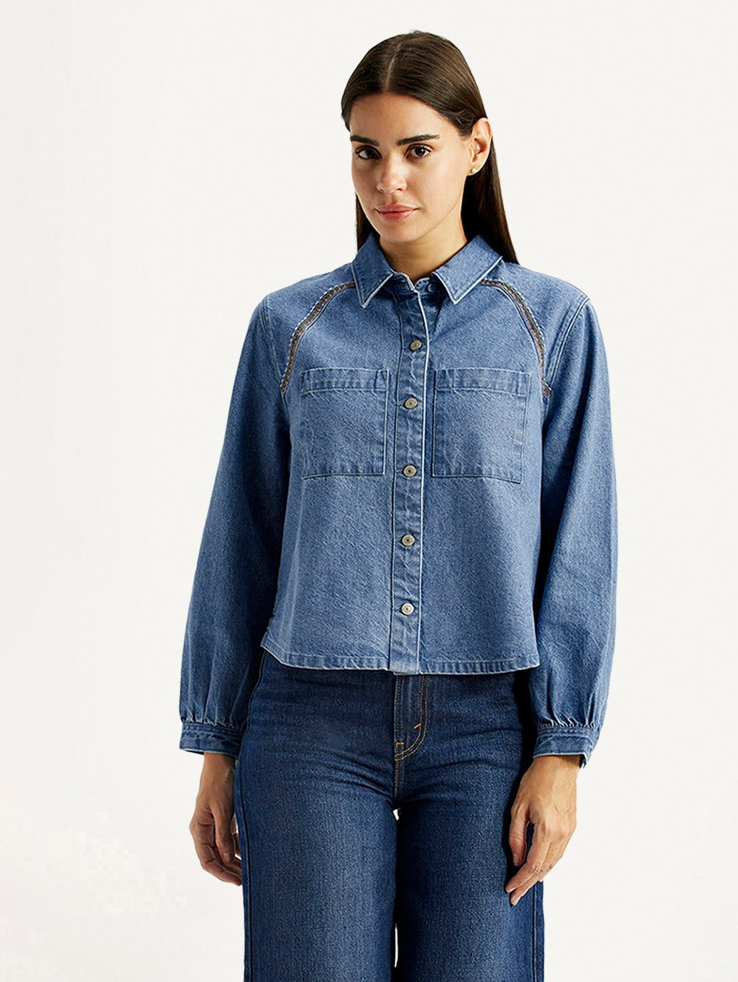 Women's Solid Blue Spread Collar Relaxed Fit Shirt - Front View