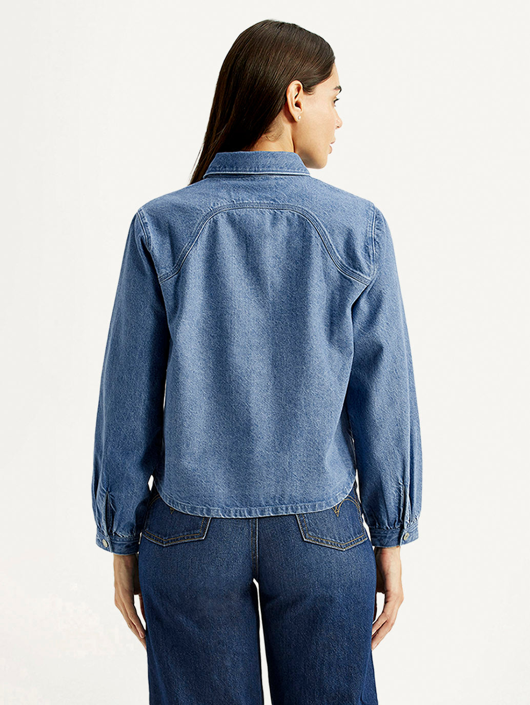 Women's Solid Blue Spread Collar Relaxed Fit Shirt - Back View