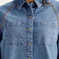 Women's Solid Blue Spread Collar Relaxed Fit Shirt - Detail View