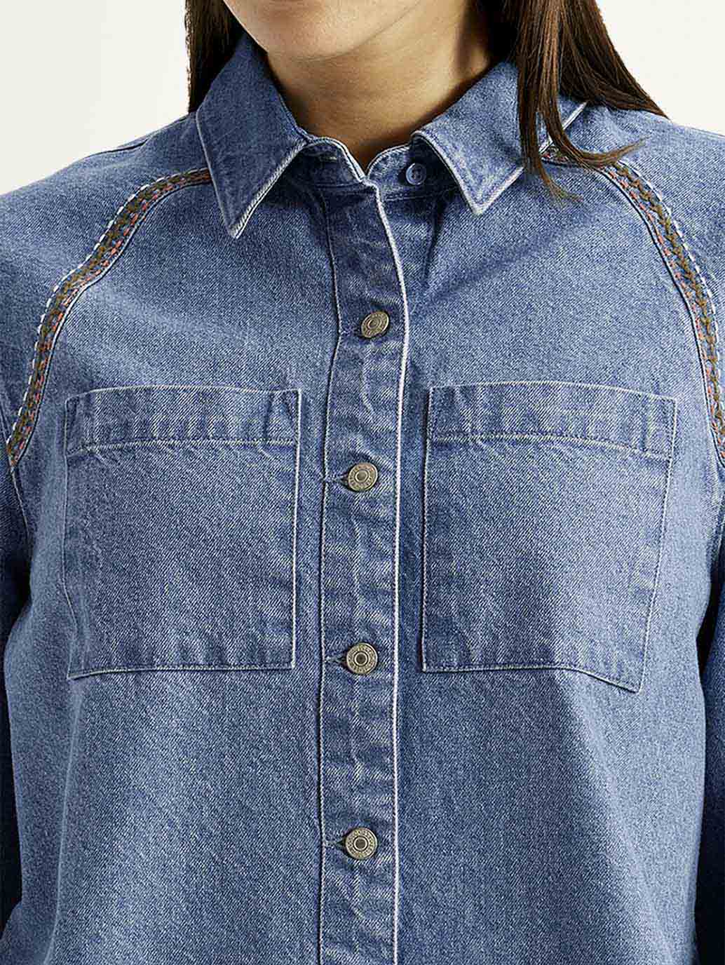 Women's Solid Blue Spread Collar Relaxed Fit Shirt - Detail View