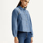 Women's Solid Blue Spread Collar Relaxed Fit Shirt - Side View