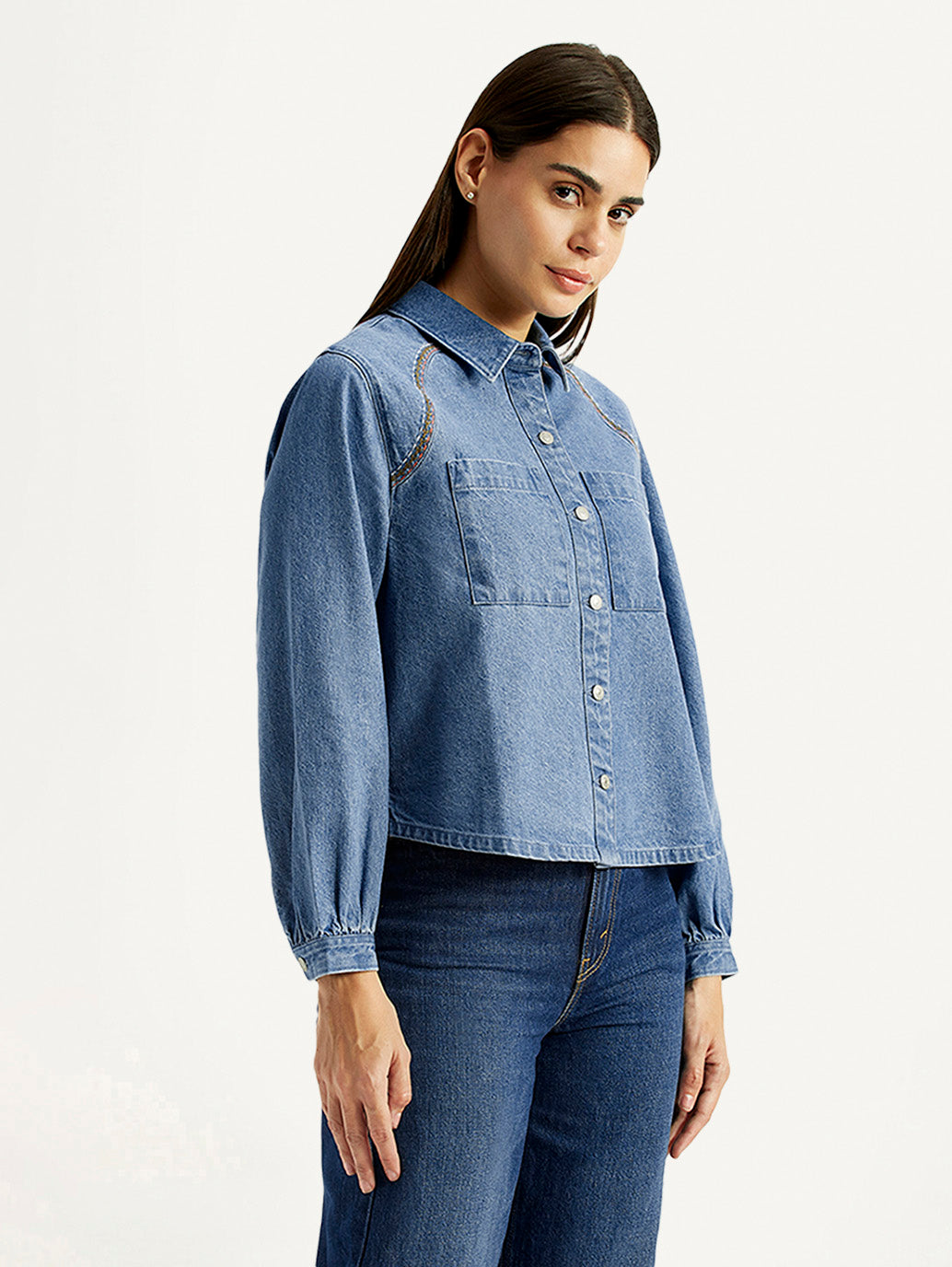 Women's Solid Blue Spread Collar Relaxed Fit Shirt - Side View