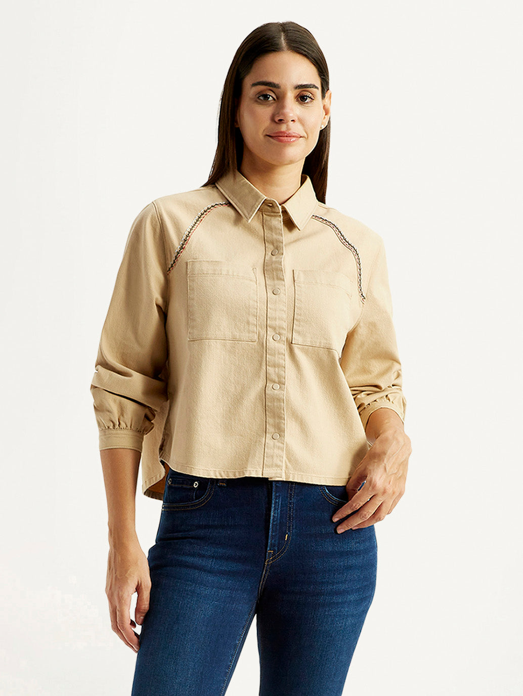 Women's Solid Beige Spread Collar Relaxed Fit Shirt