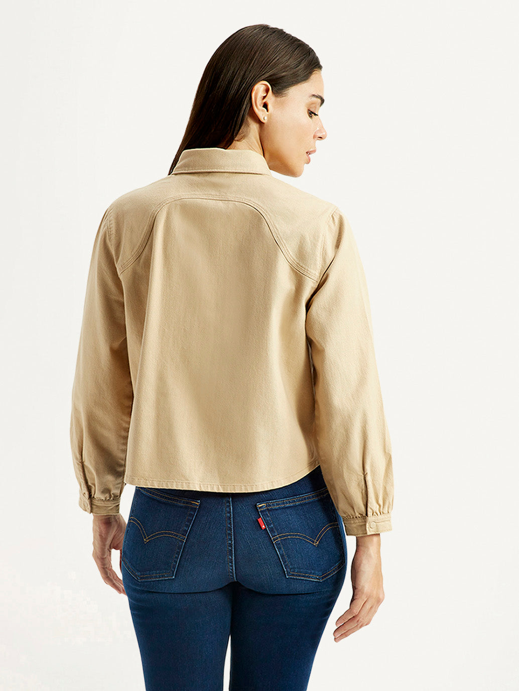 Women's Solid Beige Spread Collar Relaxed Fit Shirt - Back View
