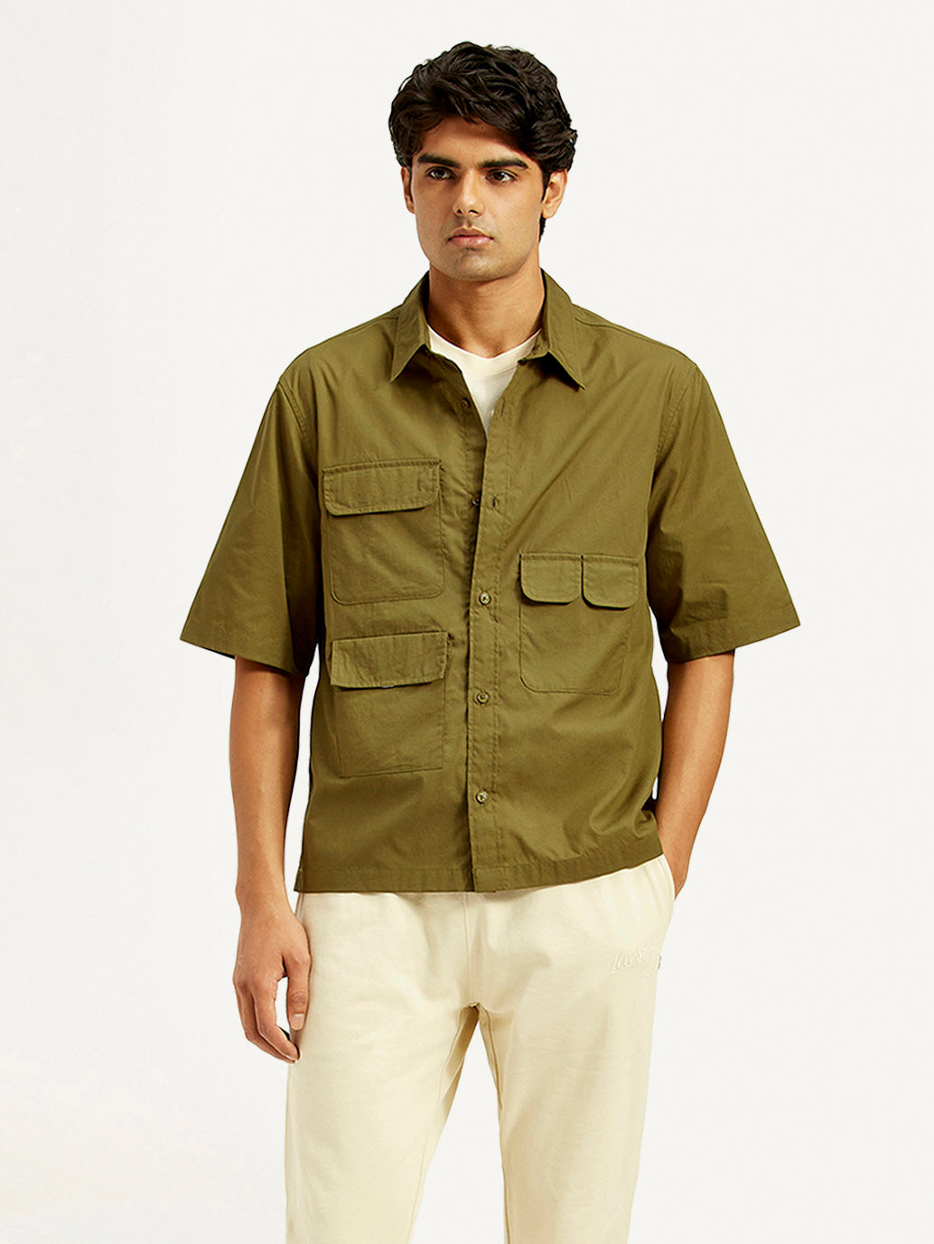 Men's Solid Olive Spread Collar Shirt - Styleshot View