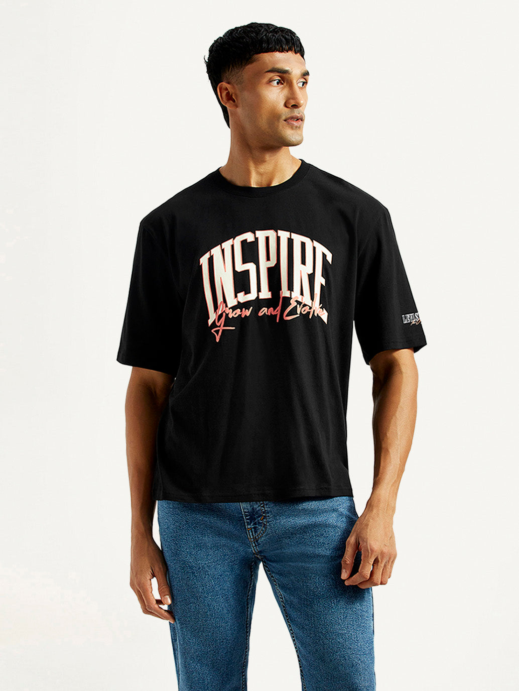 Men's Typographic Print Black Loose Fit T-shirt - Front View