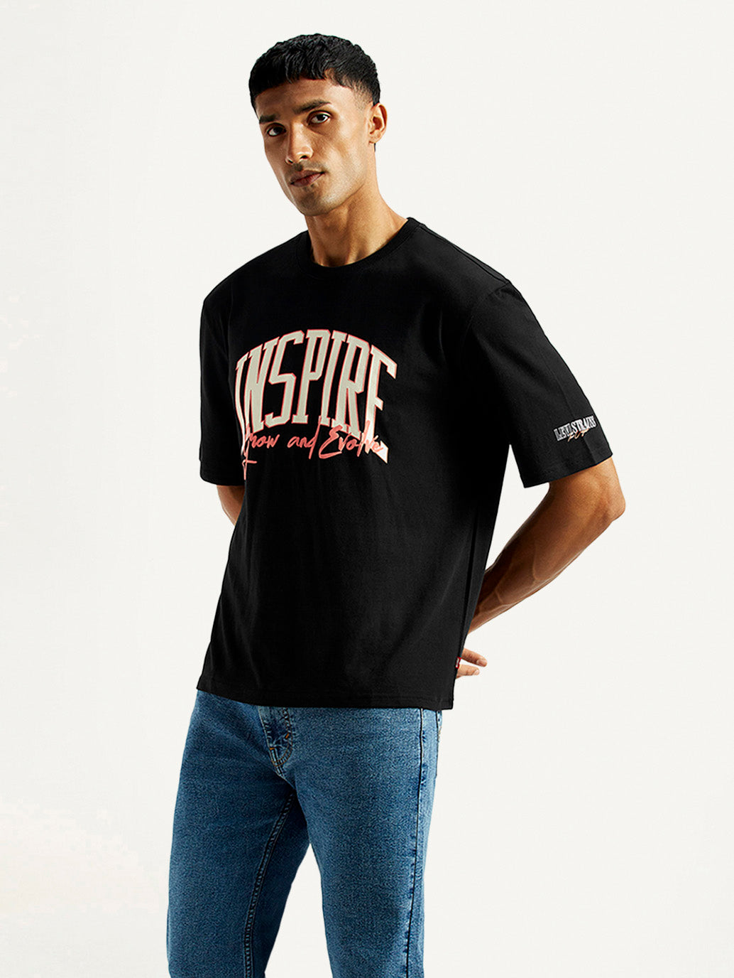 Men's Typographic Print Black Loose Fit T-shirt - Side View