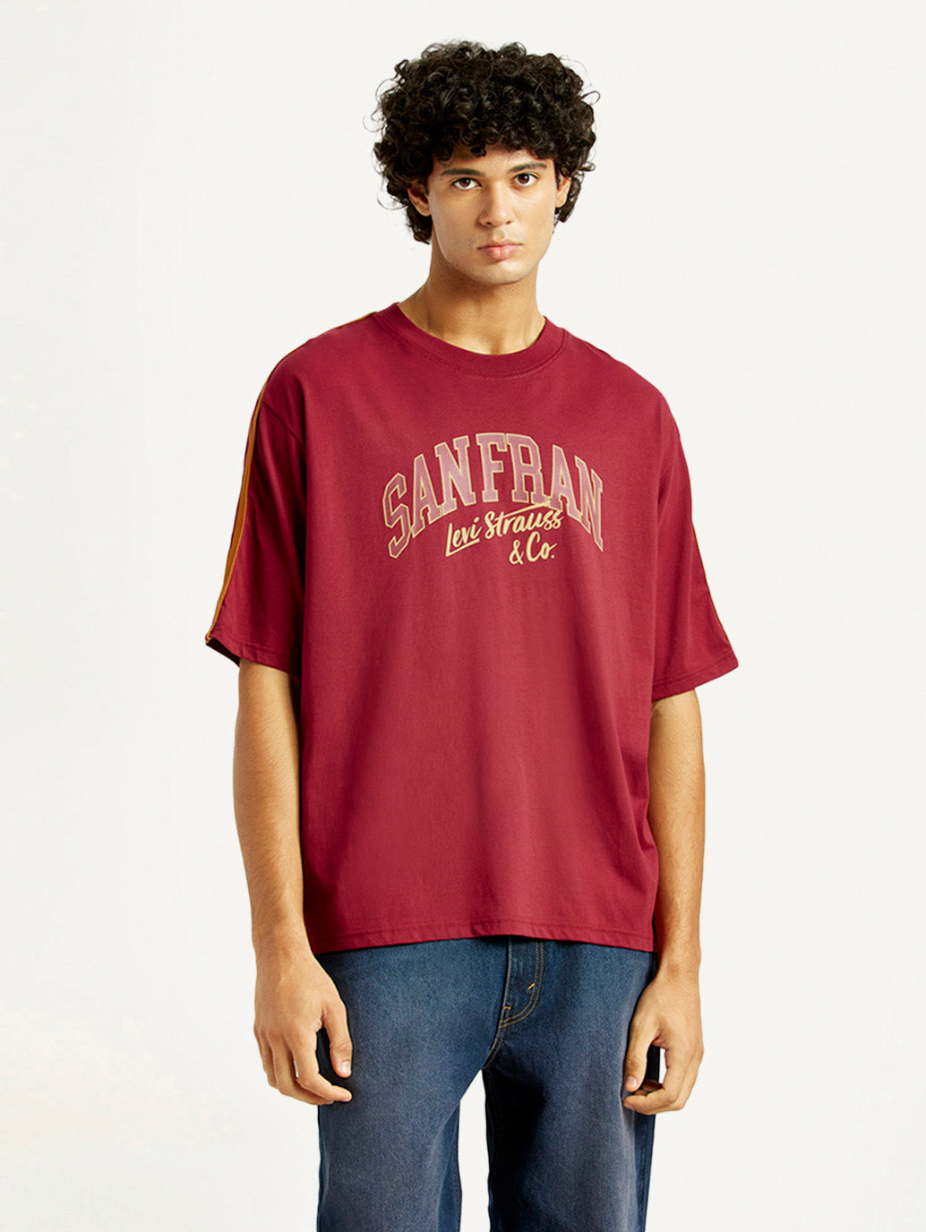 Men's Typographic Print Maroon Loose Fit T-shirt - Front View
