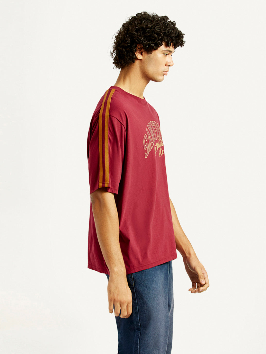 Men's Typographic Print Maroon Loose Fit T-shirt - Side View
