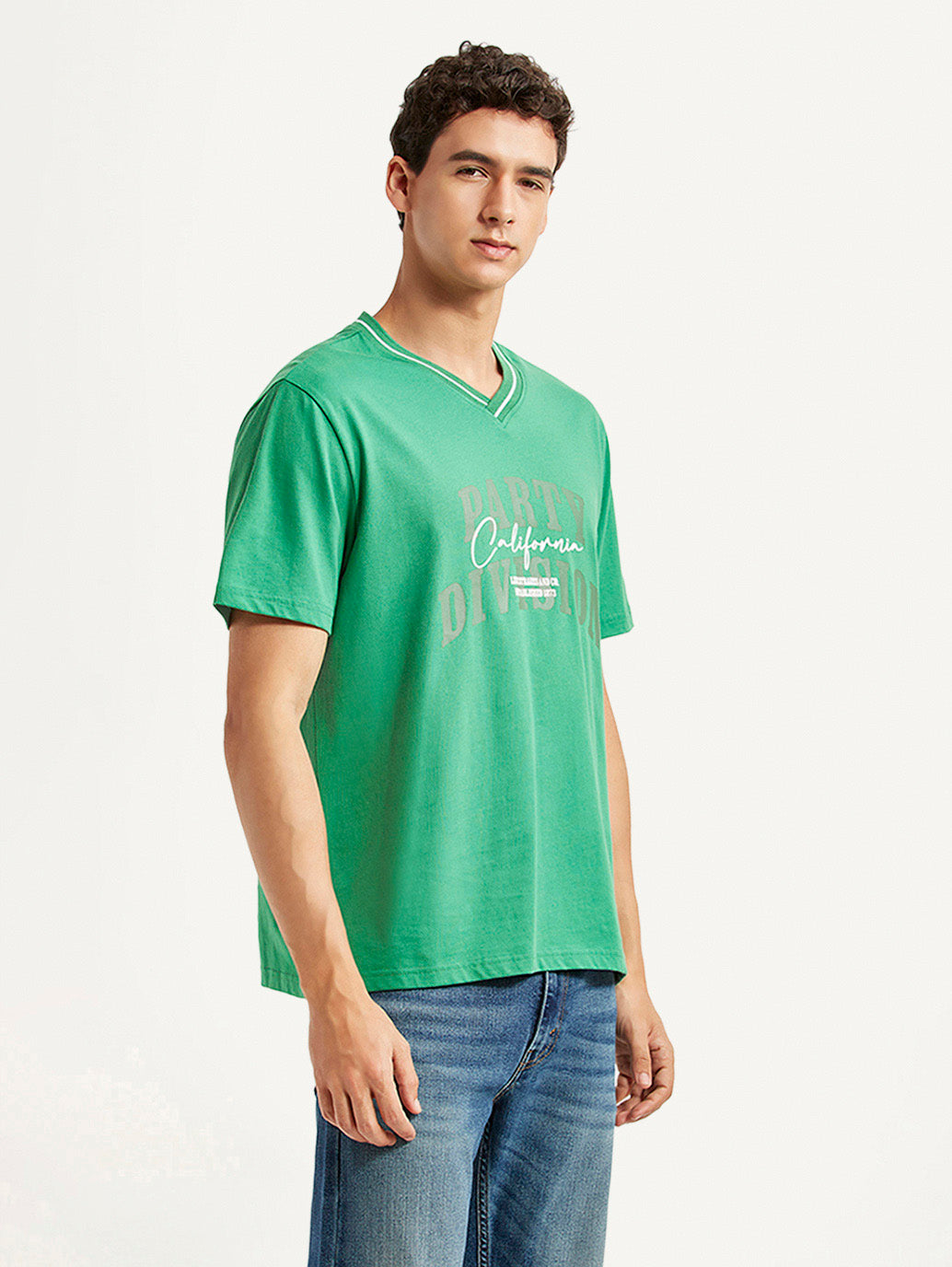 Men's Typographic Print Green Loose Fit T-shirt - Side View