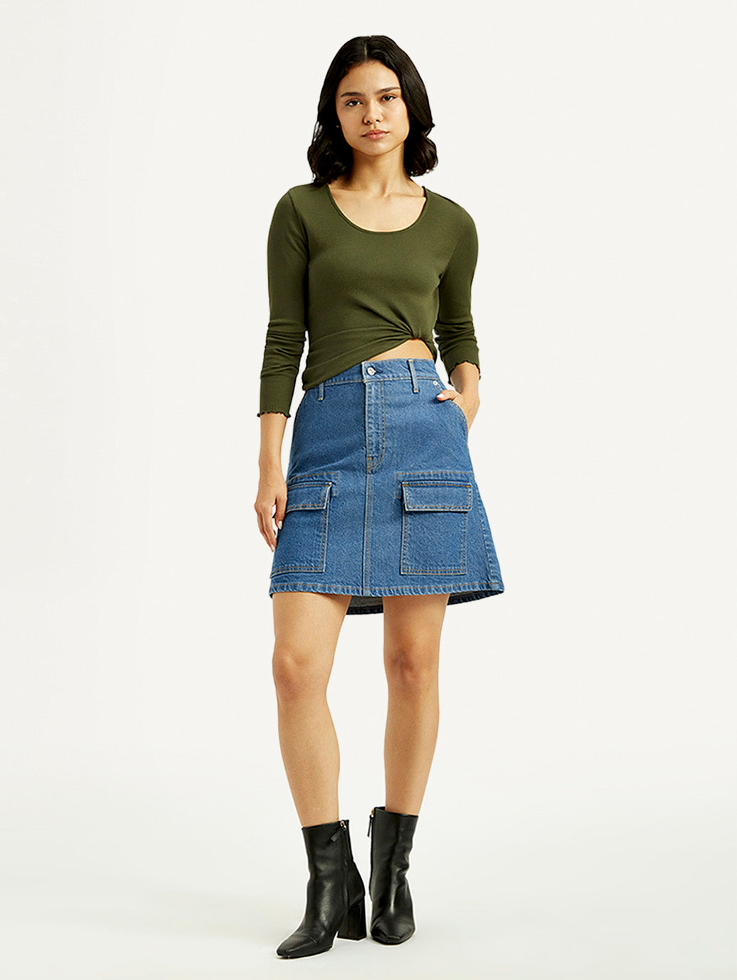 Women's Blue Straight Fit Mid Rise Skirt