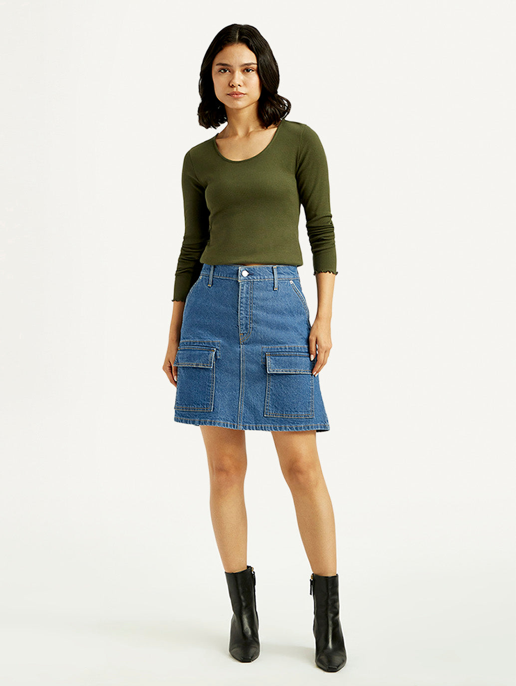 Women's Blue Straight Fit Mid Rise Skirt - Front View