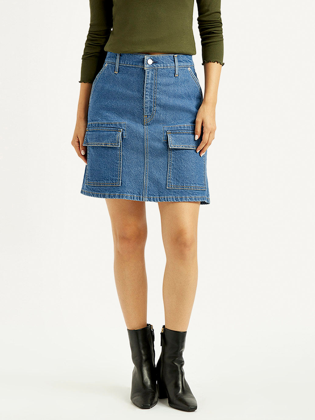 Women's Blue Straight Fit Mid Rise Skirt - Front View