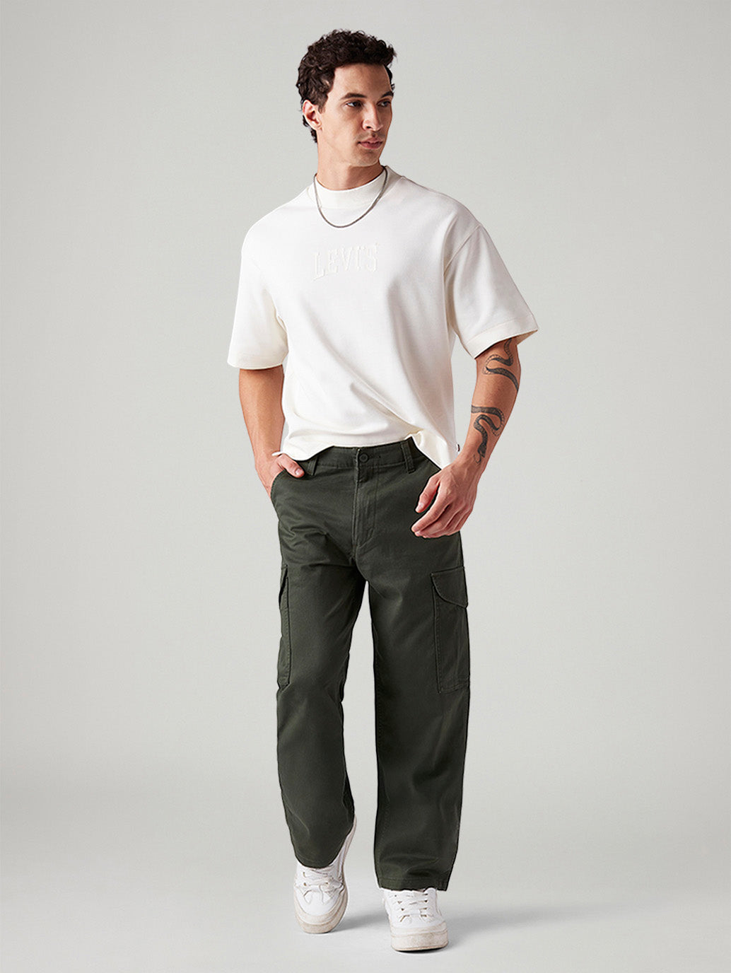 Men's Olive Baggy Fit Mid Rise Cargos