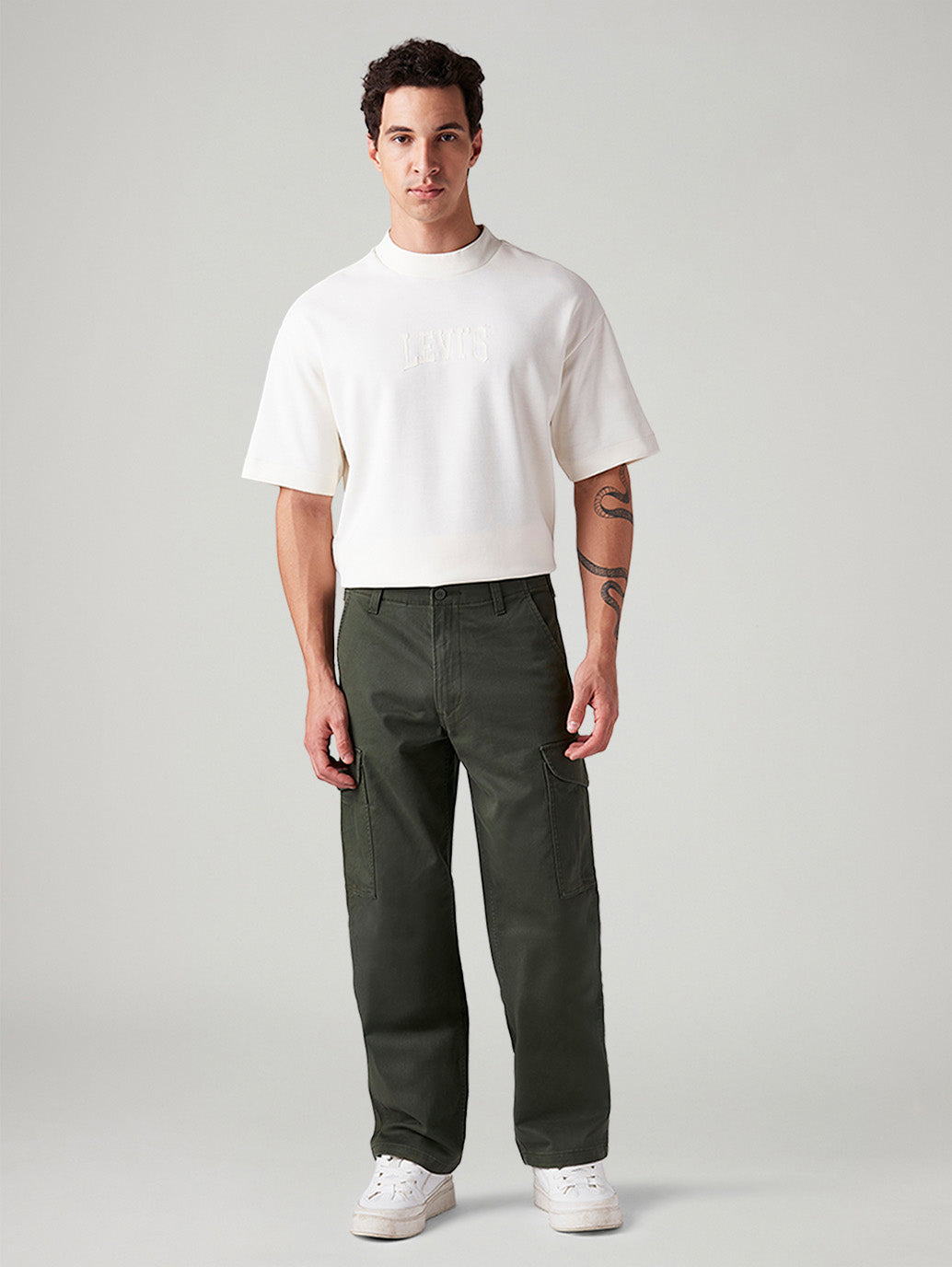 Men's Olive Baggy Fit Mid Rise Cargos - Front View