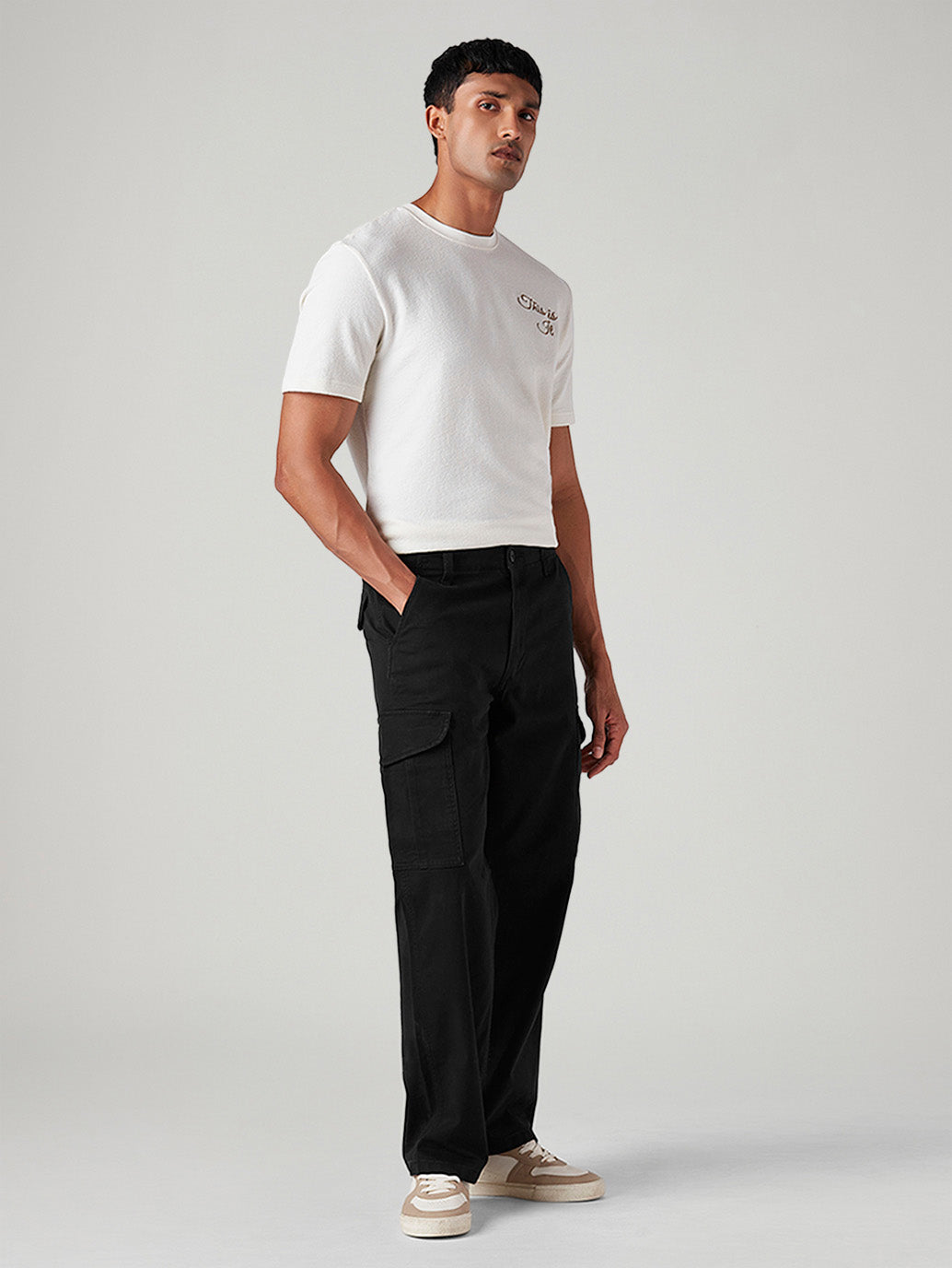 Men's Black Baggy Fit Mid Rise Cargos - Side View