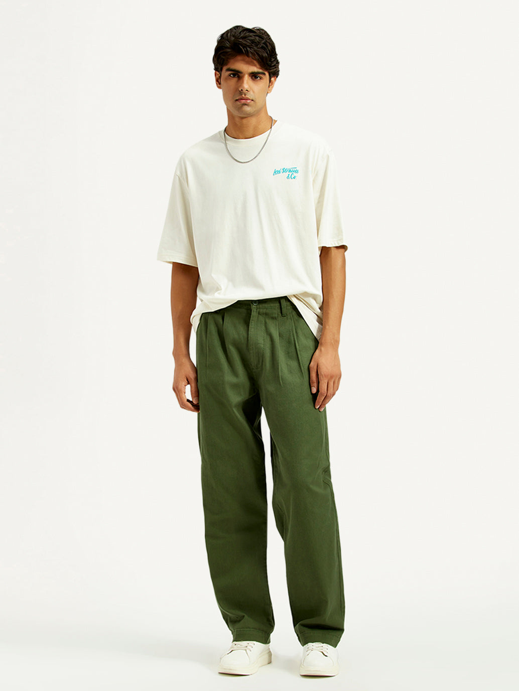 Men's Olive Green Loose Fit Mid Rise Chinos - Styleshot View