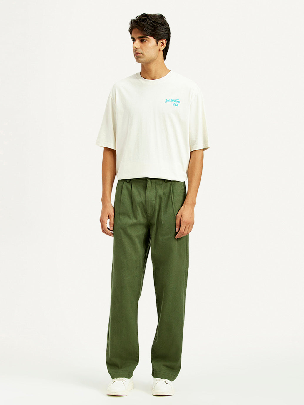 Men's Olive Green Loose Fit Mid Rise Chinos - Front View