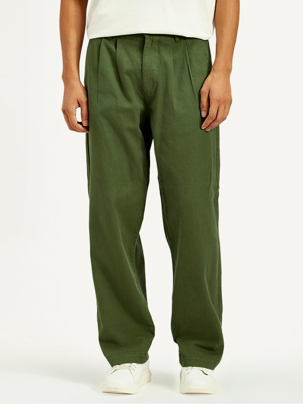 Men's Olive Green Loose Fit Mid Rise Chinos - Front View