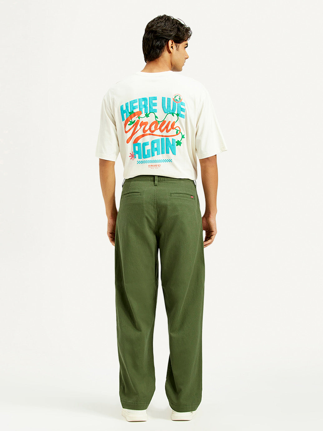 Men's Olive Green Loose Fit Mid Rise Chinos - Back View