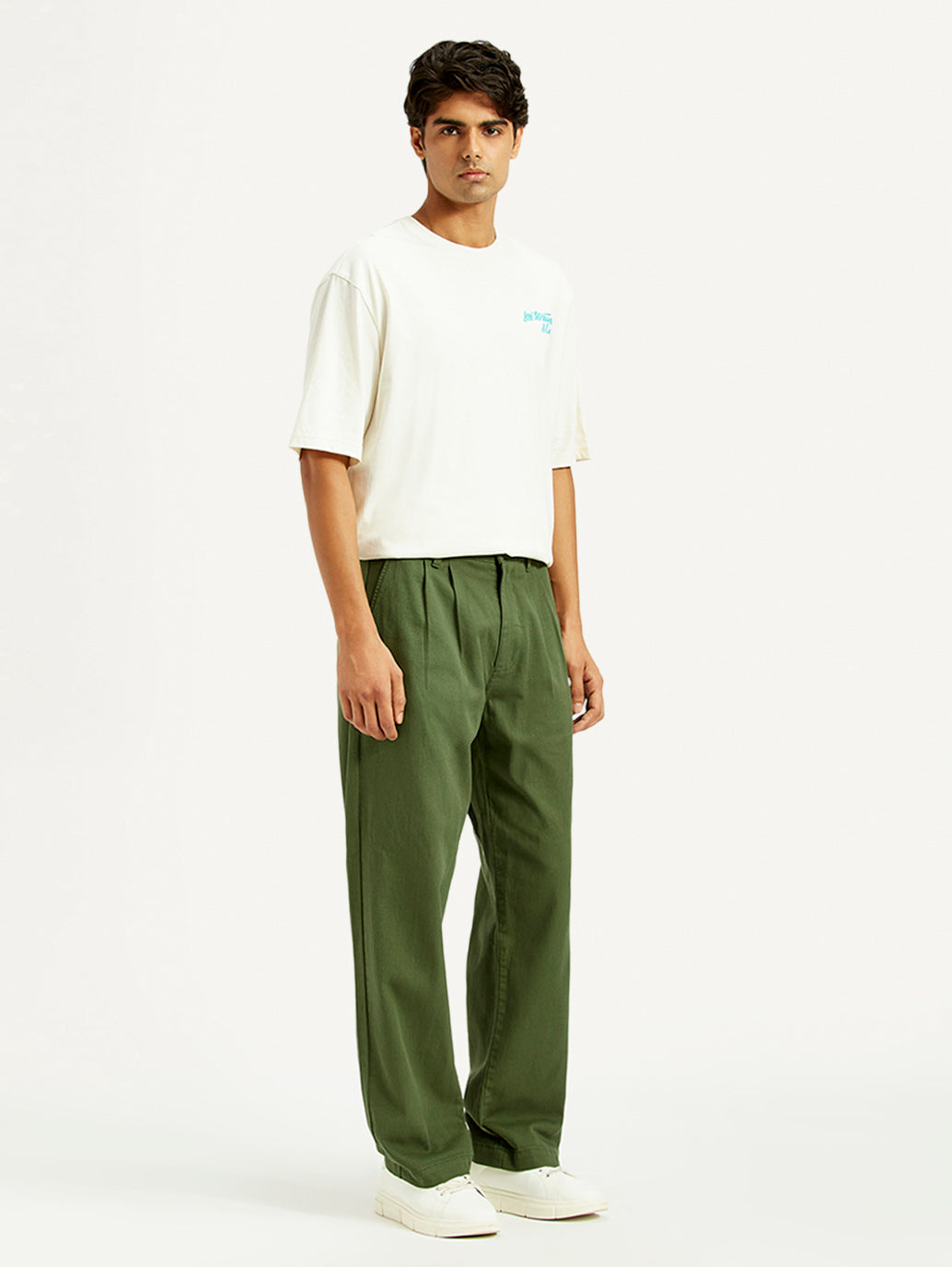 Men's Olive Green Loose Fit Mid Rise Chinos - Side View
