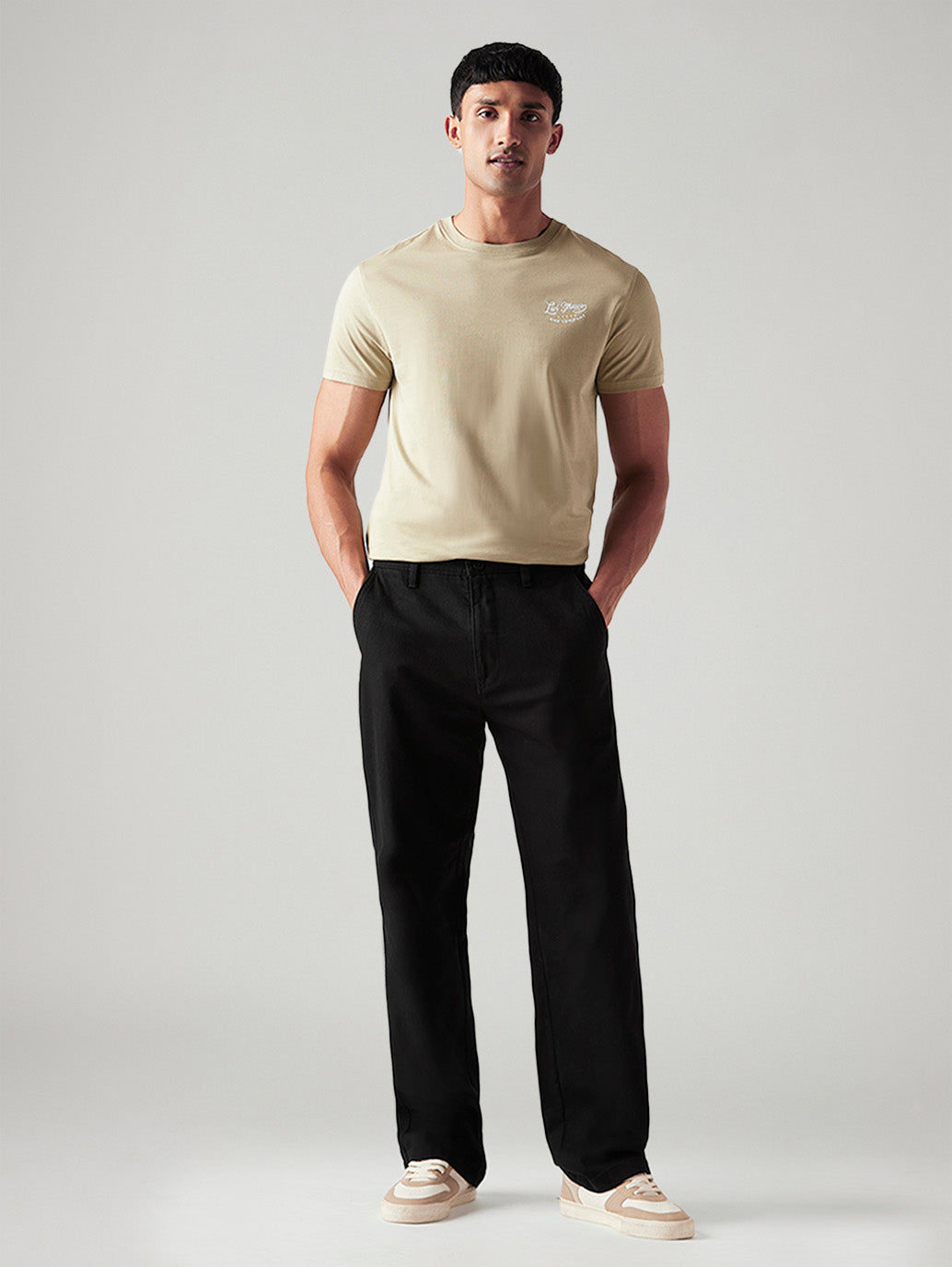 Men's Black Loose Fit Mid Rise Chinos - Front View