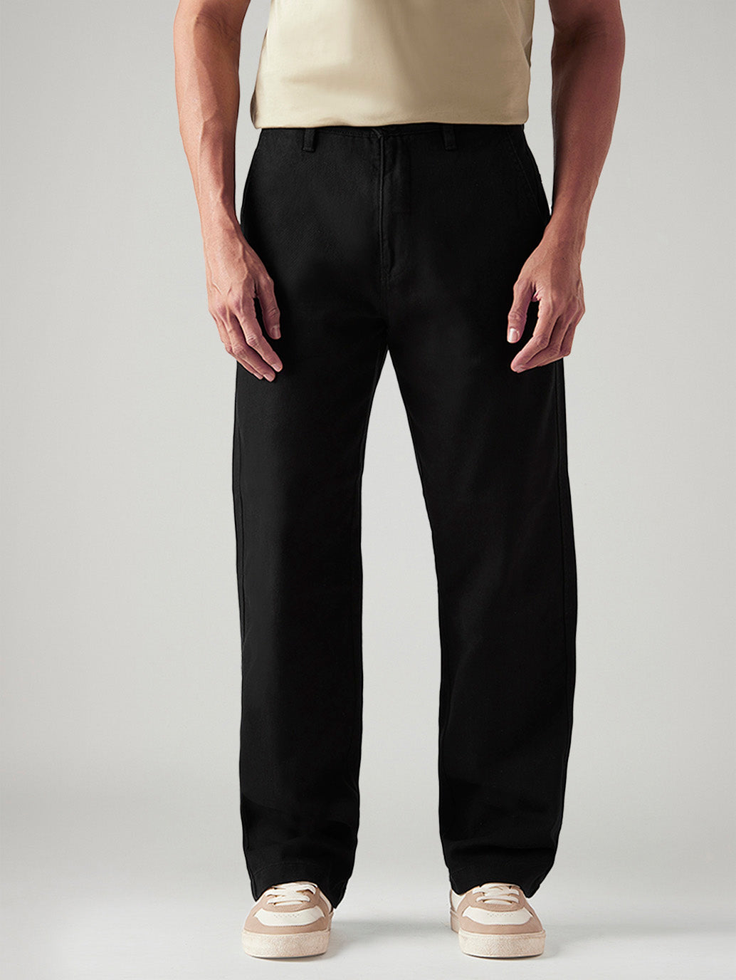 Men's Black Loose Fit Mid Rise Chinos - Front View