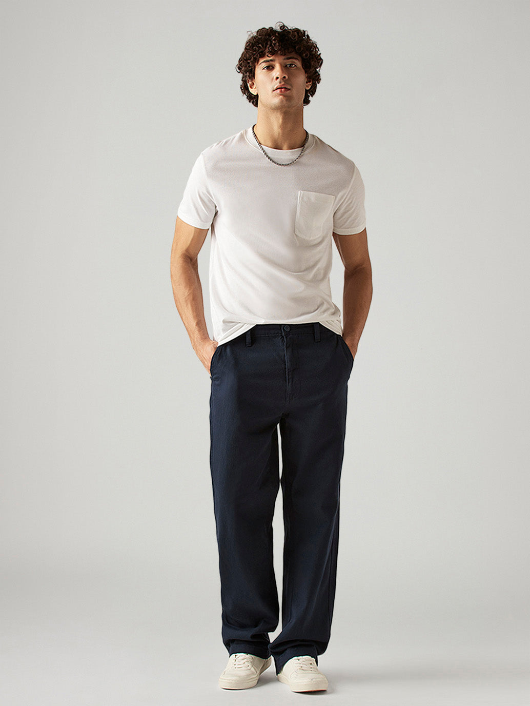 Men's Navy Loose Fit Mid Rise Chinos - Styleshot View