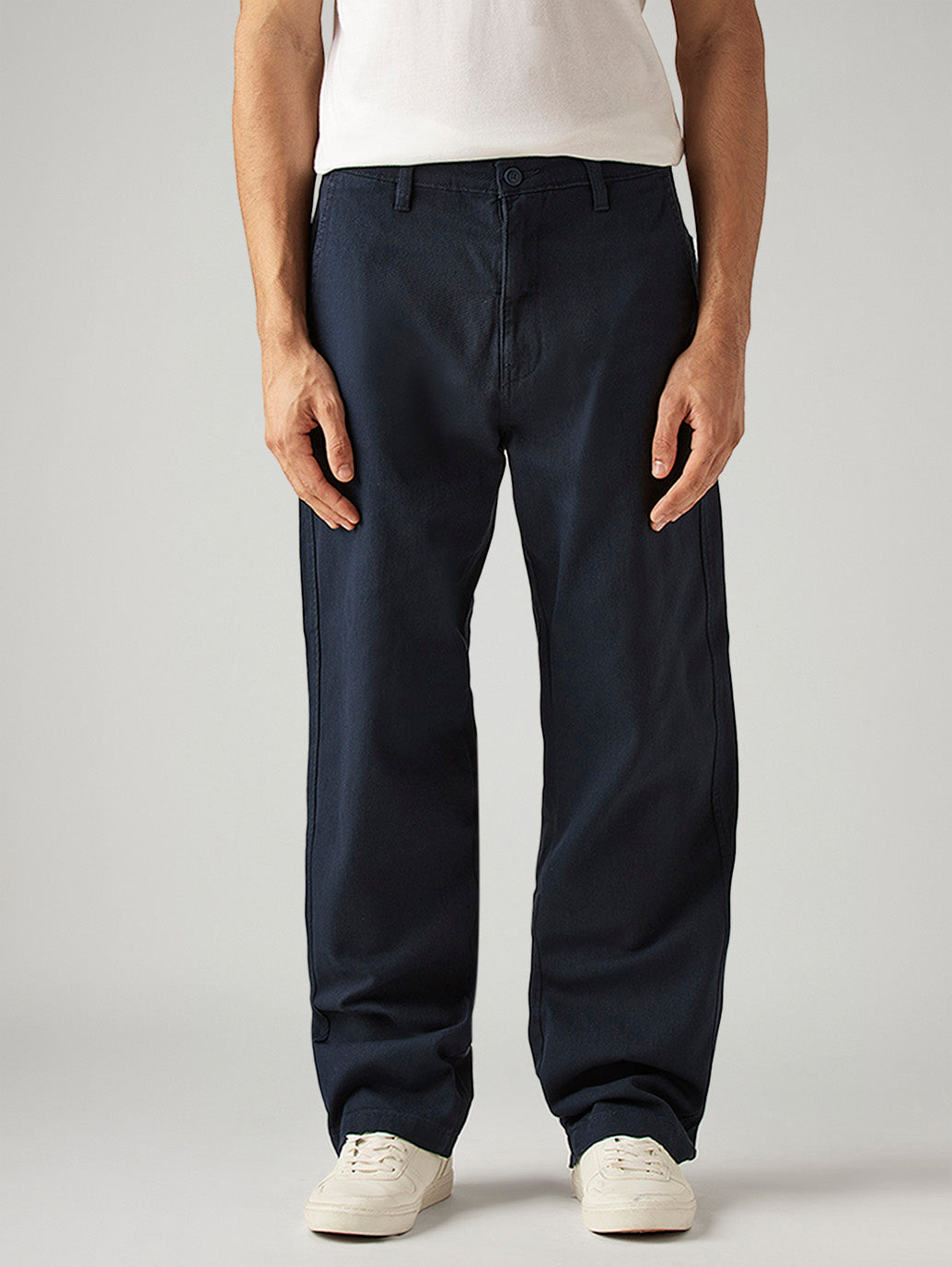 Men's Navy Loose Fit Mid Rise Chinos - Front View