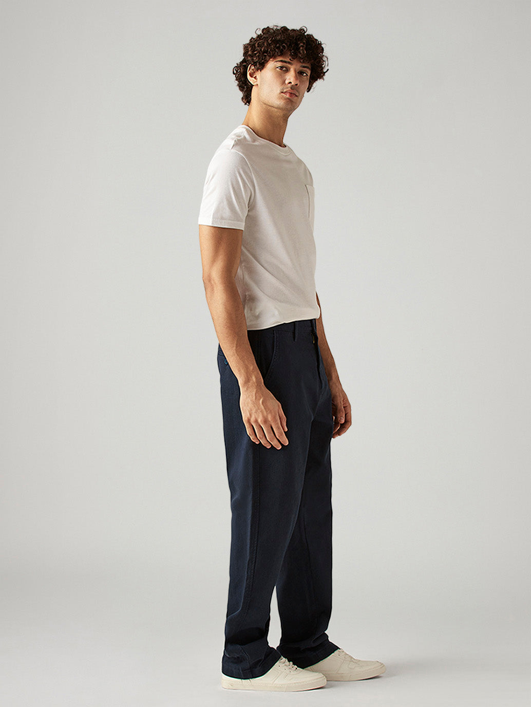 Men's Navy Loose Fit Mid Rise Chinos - Side View